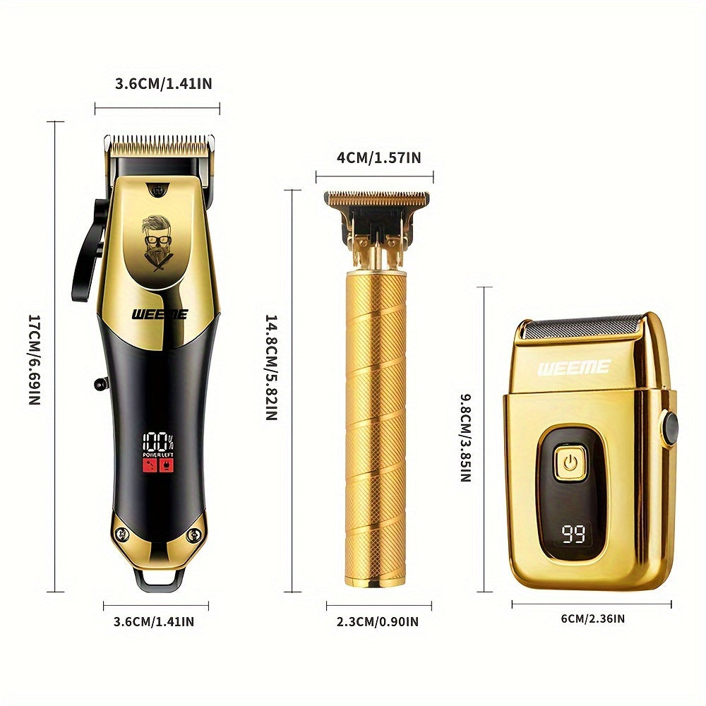 3pcs Set Professional Golden Hair Clipper and Trimmer Kit USB Rechargeable LCD Display Electric Shaver T-Blade Trimmer 8pcs Limit Combs 3pcs USB Cables 3pcs Cleaning Brushes and Comb for Men's Grooming
