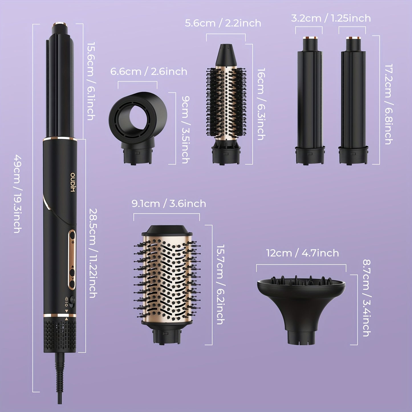 OUDIM 6 in 1 Multi Functional Hot Air Comb and Styler with Negative Ion Technology High Speed Frizz Free Hair Dryer Brush Curling Iron and Straightener with Auto Winding Rod Foldable Handle and Storage Bag