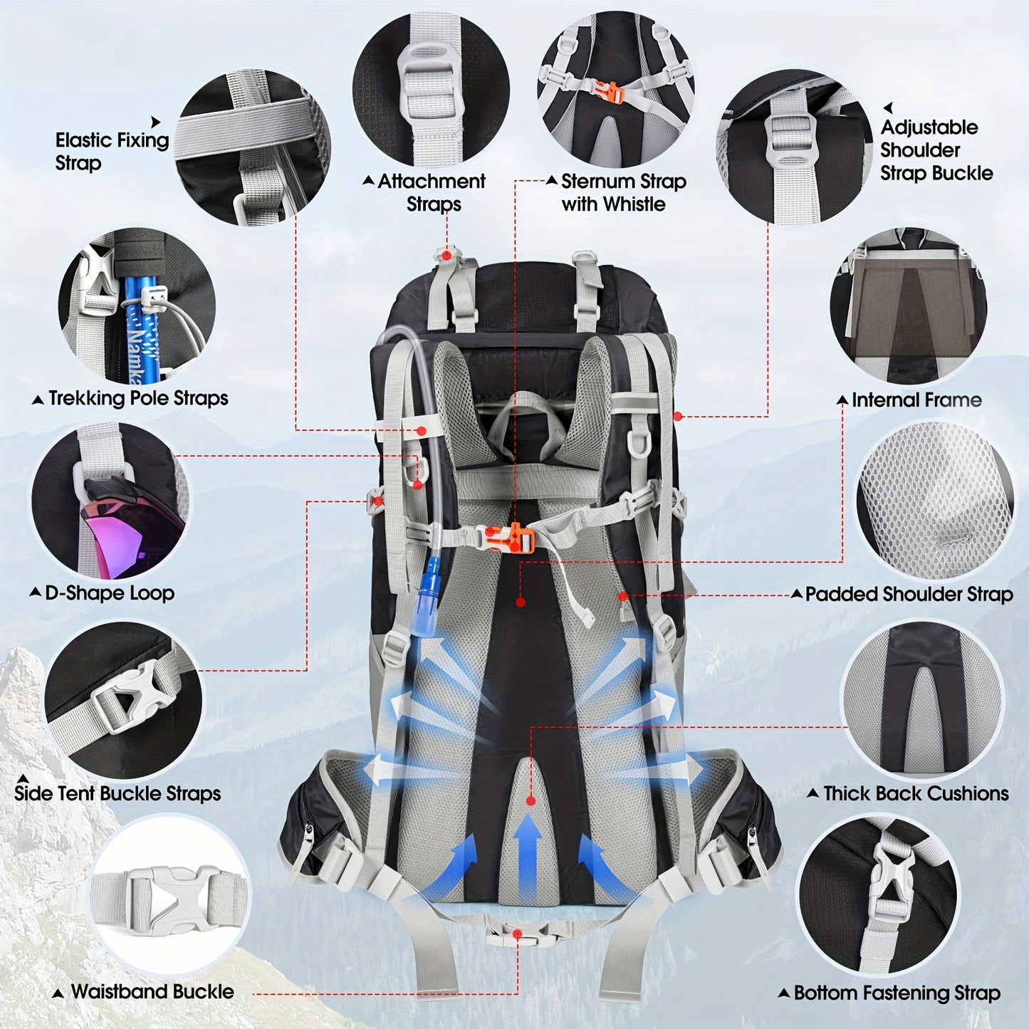 IGOLUMON 15.85 Gallon Waterproof Hiking and Camping Backpack with Rain Cover Lightweight Large Capacity Backpack Adjustable Straps Multiple Compartments Durable Polyester for Outdoor Travel Men and Women Camping Gear