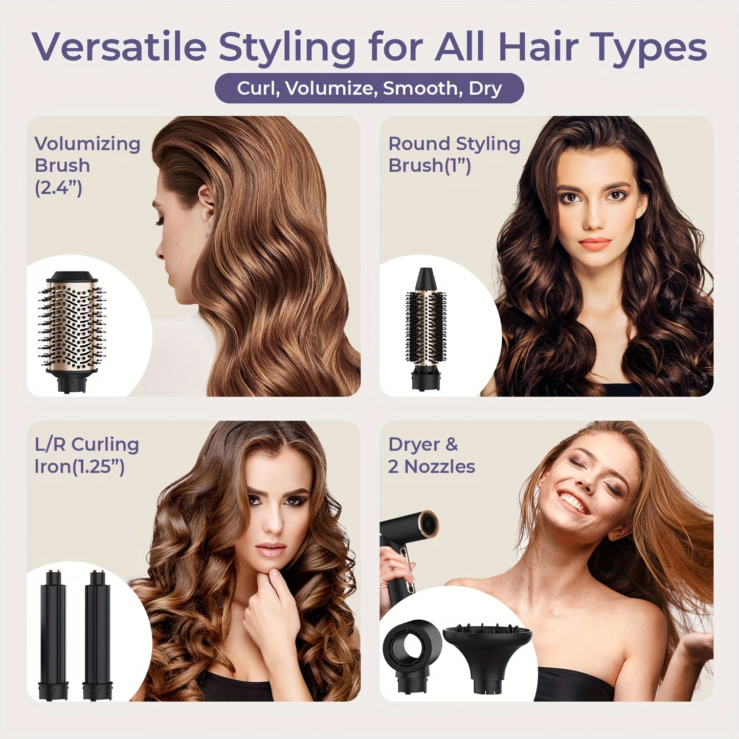 OUDIM 6 in 1 Multi Functional Hot Air Comb and Styler with Negative Ion Technology High Speed Frizz Free Hair Dryer Brush Curling Iron and Straightener with Auto Winding Rod Foldable Handle and Storage Bag