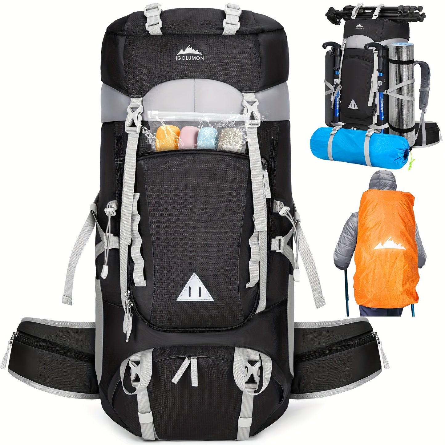 IGOLUMON 15.85 Gallon Waterproof Hiking and Camping Backpack with Rain Cover Lightweight Large Capacity Backpack Adjustable Straps Multiple Compartments Durable Polyester for Outdoor Travel Men and Women Camping Gear