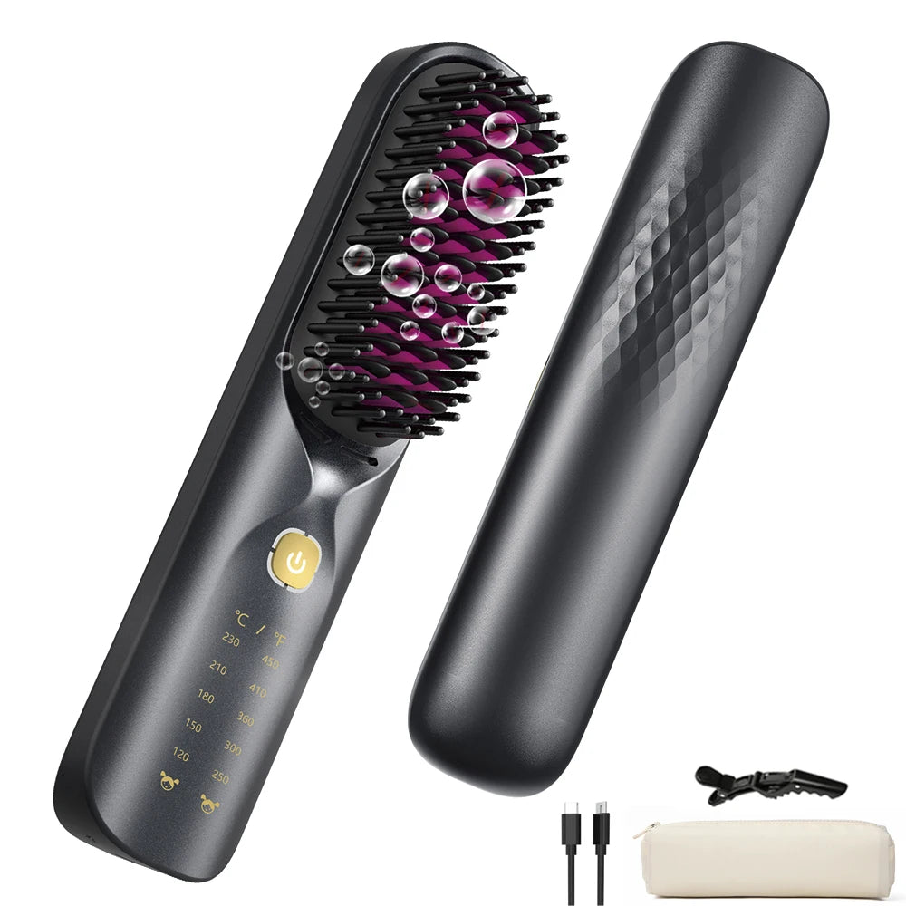 Cordless Hair Straightener Brush 450 Degrees Fahrenheit Adjustable Temperature 30 Seconds Fast Heating 10000mAh Wireless Straightening Comb for Adults and Kids