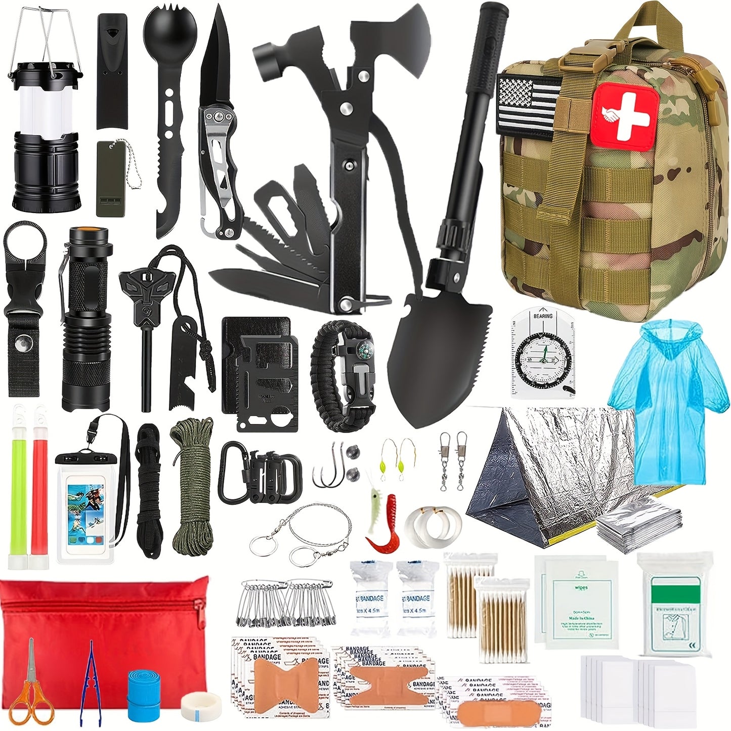 Survival Kit Bag with Folding Shovel and Multi Function Axe Emergency Lighting Set Emergency Blanket for Outdoor Adventure Hiking Hunting Lightweight Camping Essentials