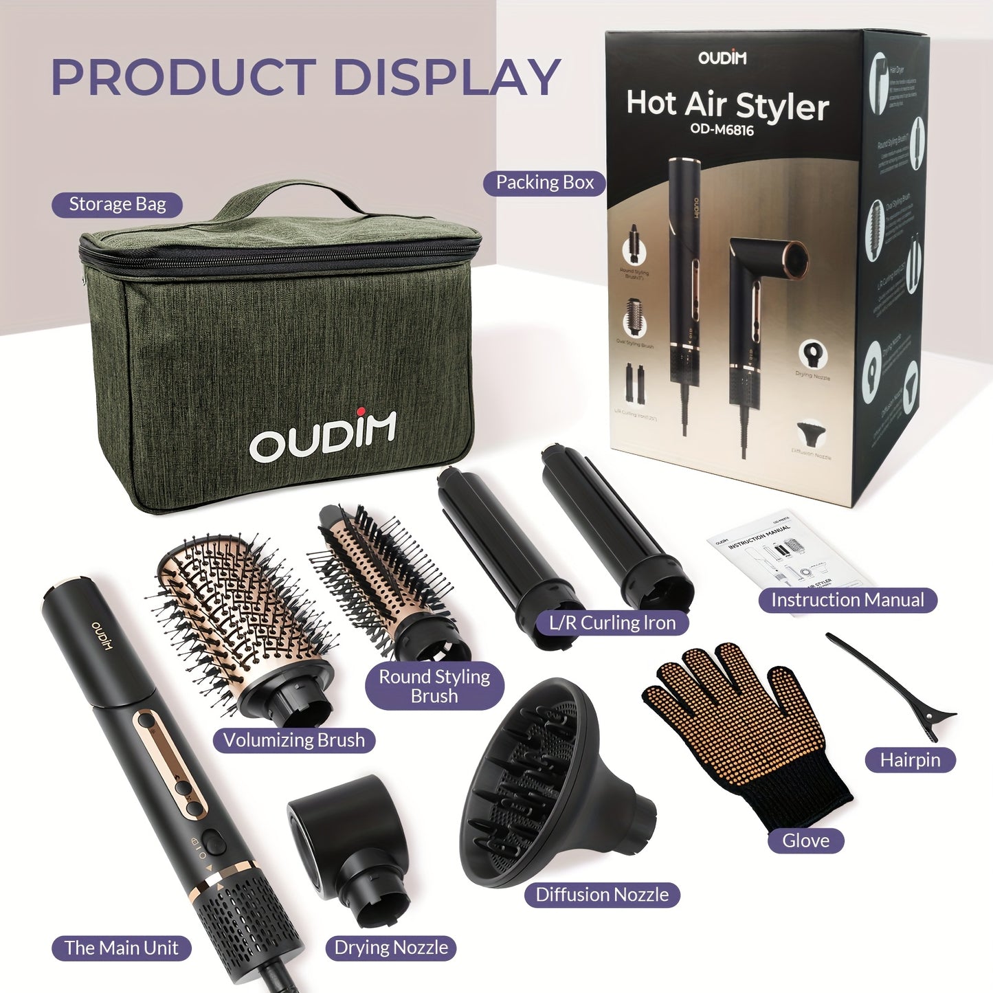 OUDIM 6 in 1 Multi Functional Hot Air Comb and Styler with Negative Ion Technology High Speed Frizz Free Hair Dryer Brush Curling Iron and Straightener with Auto Winding Rod Foldable Handle and Storage Bag