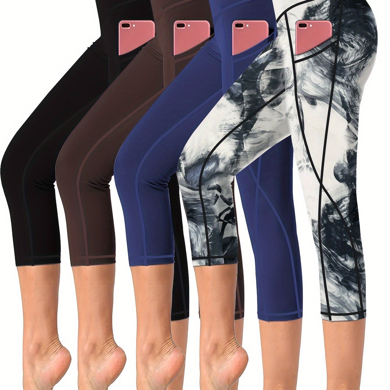 4 Pieces High Waisted Yoga Capris Leggings with Pockets Stretchy Printed Fitness and Running Tights Assorted Colors for Women