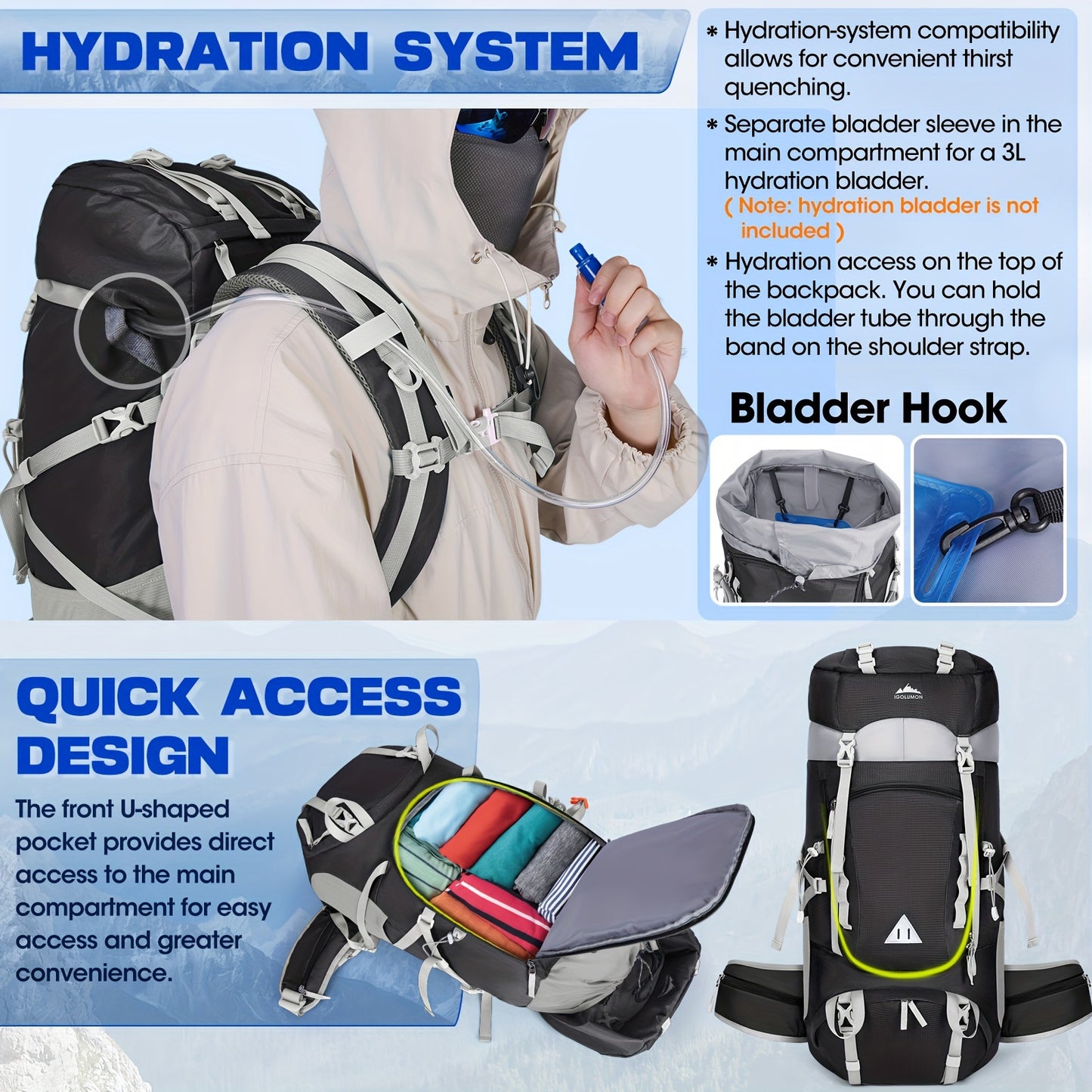 IGOLUMON 15.85 Gallon Waterproof Hiking and Camping Backpack with Rain Cover Lightweight Large Capacity Backpack Adjustable Straps Multiple Compartments Durable Polyester for Outdoor Travel Men and Women Camping Gear