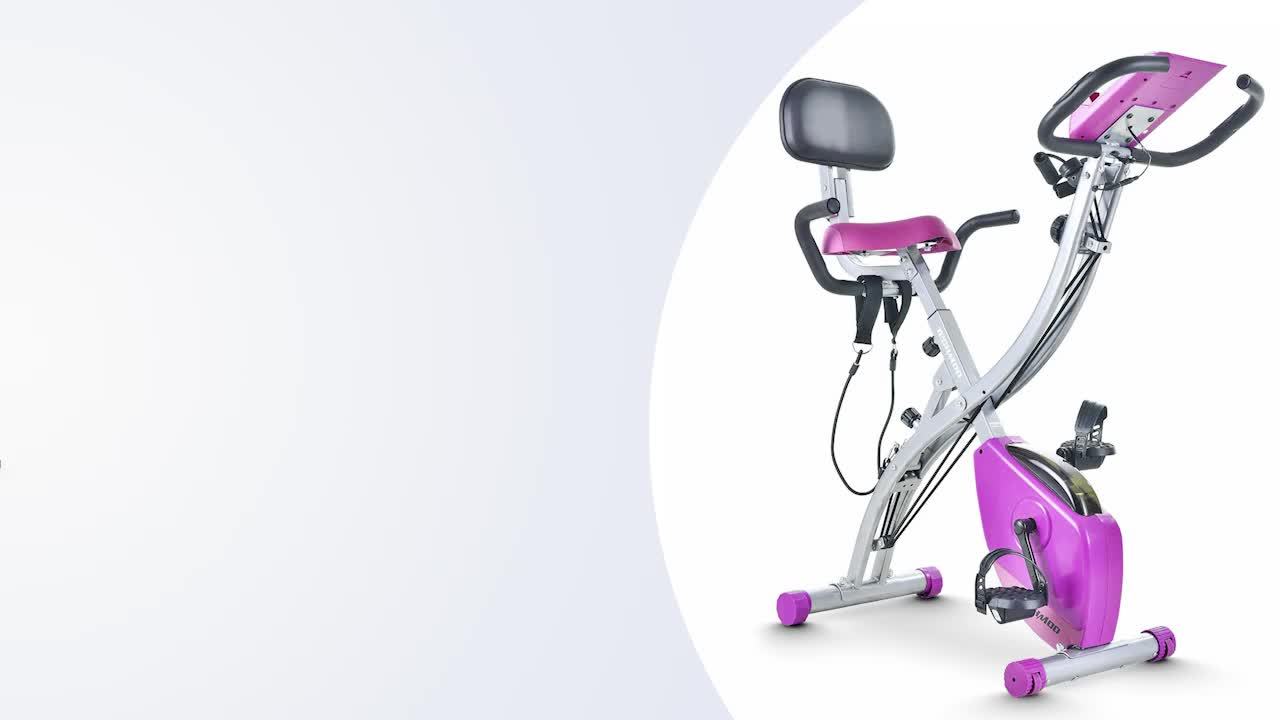 Purple Folding Exercise Bike with Adjustable Magnetic Resistance Digital Display Comfort Seat Cushion Support Back Pad Arm Resistance Bands Pulse Sensor Battery Powered Indoor Cycling Bike for Home Gym Workouts