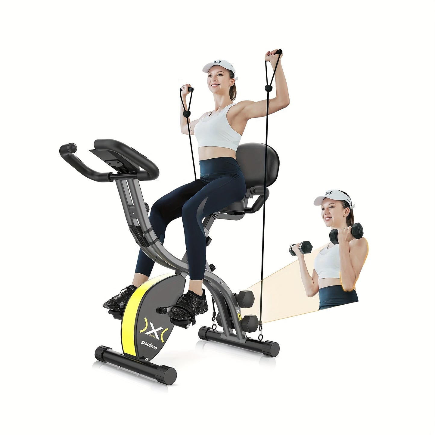 Pooboo Folding Exercise Bike Indoor Stationary Cycling Bicycle Upright Magnetic Workout Bicycle with Dumbbells and Resistance Bands Maximum Weight 300 Pounds Without Battery