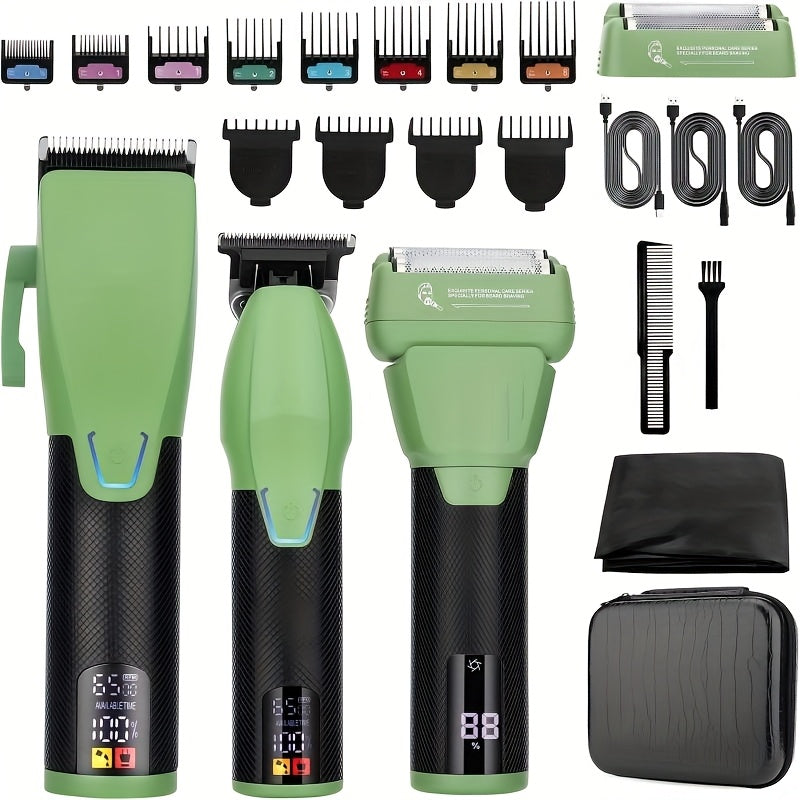 Professional Cordless Hair Clippers and Beard Trimmer Set for Men Golden Finish with LCD Display USB Rechargeable Includes Multiple Comb Attachments Ideal for Home Grooming and Barber Use