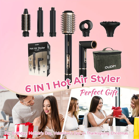 OUDIM 6 in 1 Multi Functional Hot Air Comb and Styler with Negative Ion Technology High Speed Frizz Free Hair Dryer Brush Curling Iron and Straightener with Auto Winding Rod Foldable Handle and Storage Bag