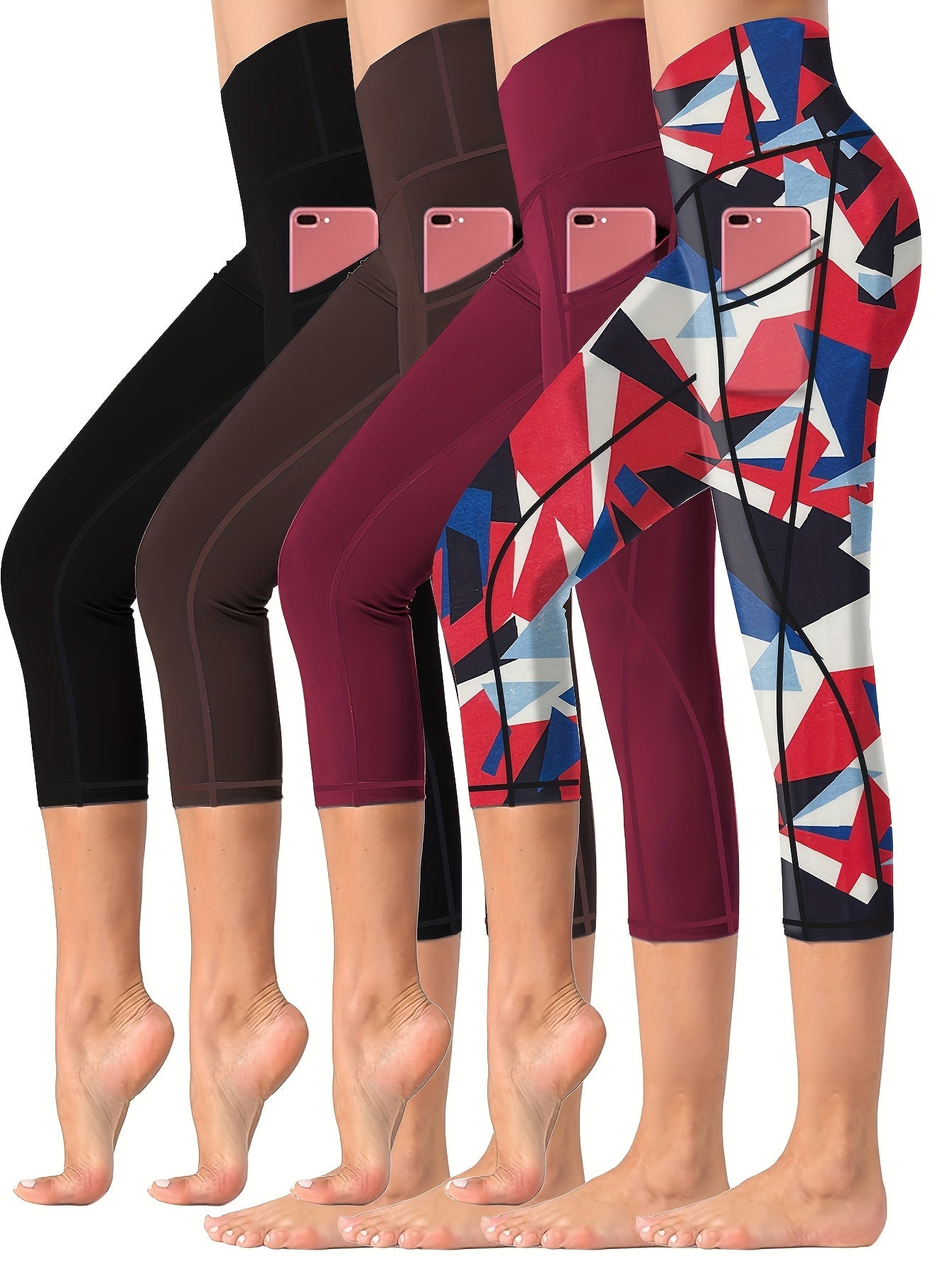 4 Pieces High Waisted Yoga Capris Leggings with Pockets Stretchy Printed Fitness and Running Tights Assorted Colors for Women