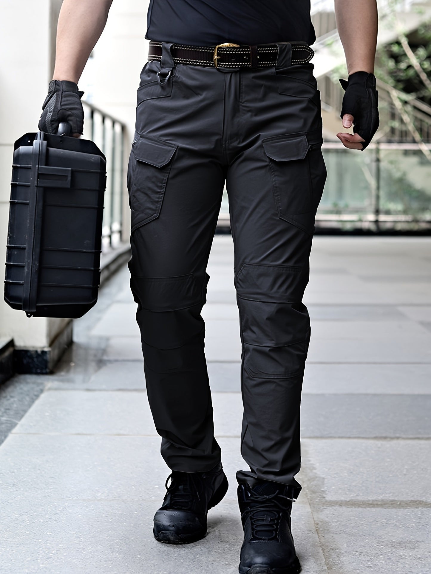 2PCS Men's High Performance Tactical Cargo Pants Sweatproof Durable Polyester Multi Pocket Design for Outdoor Hiking and Everyday Use Black and Beige