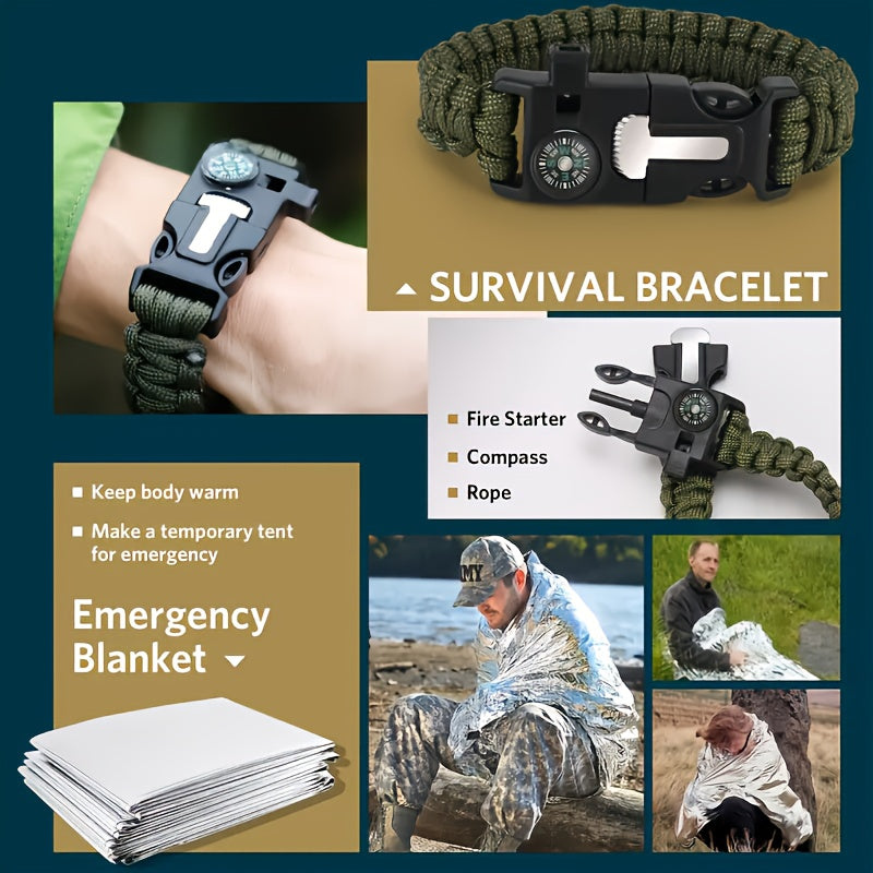 Survival Kit with 170 in 1 Gear and Molle Bag Including Emergency Tent Ideal for Earthquake Preparedness Outdoor Adventures Camping Essential for Cars and Boats Perfect Gift for Men and Women Green Camouflage