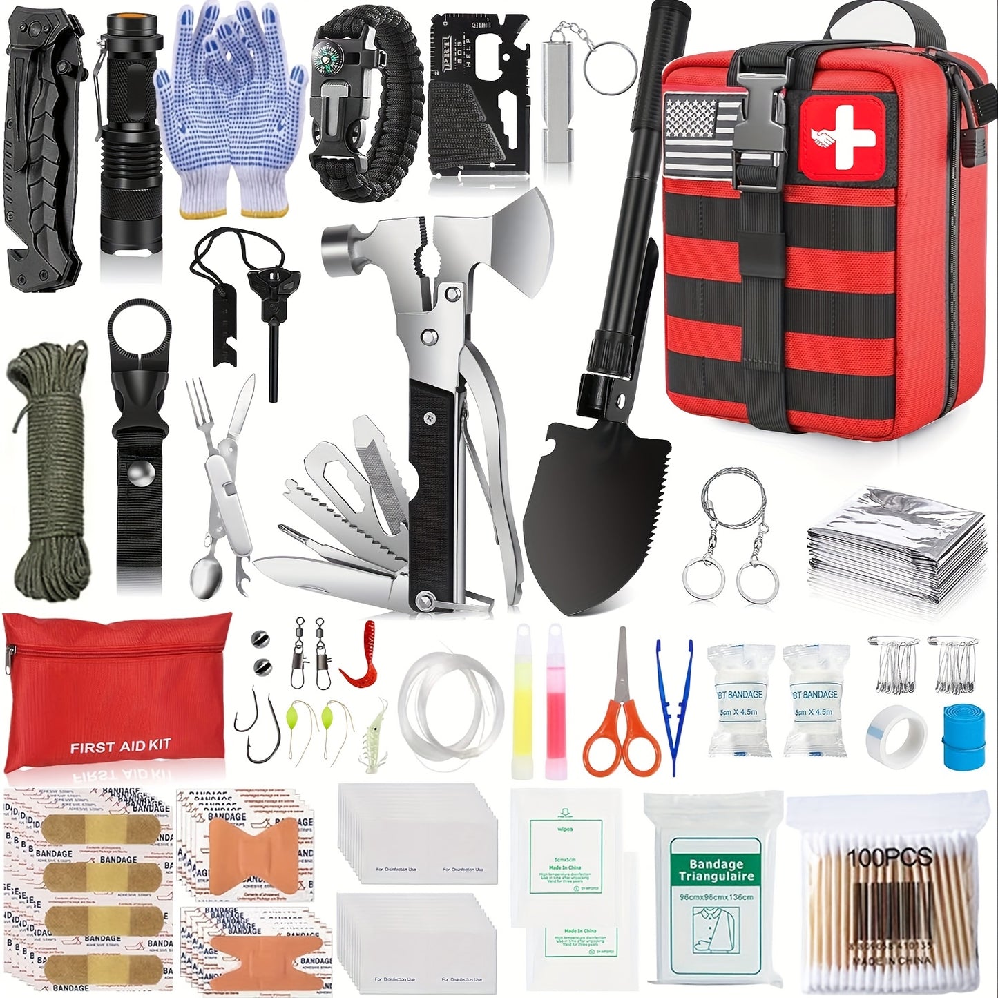 Survival Kit Bag with Folding Shovel and Multi Function Axe Emergency Lighting Set Emergency Blanket for Outdoor Adventure Hiking Hunting Lightweight Camping Essentials