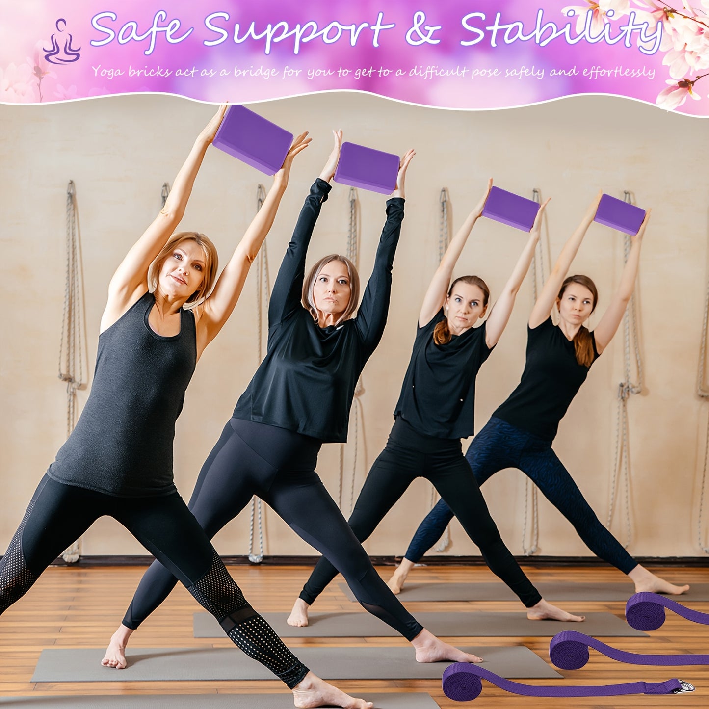 30 Pack Yoga Block And Strap Set 15pcs Non-Slip Yoga Blocks With 15pcs Metal D Ring Stretching Exercise Workout Fitness Accessory For Gym