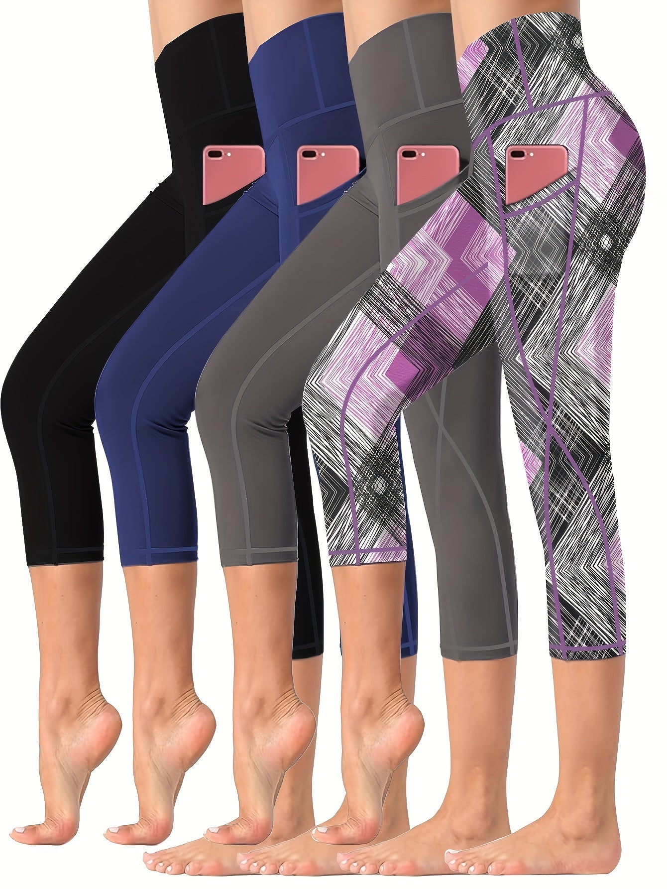 4 Pieces High Waisted Yoga Capris Leggings with Pockets Stretchy Printed Fitness and Running Tights Assorted Colors for Women