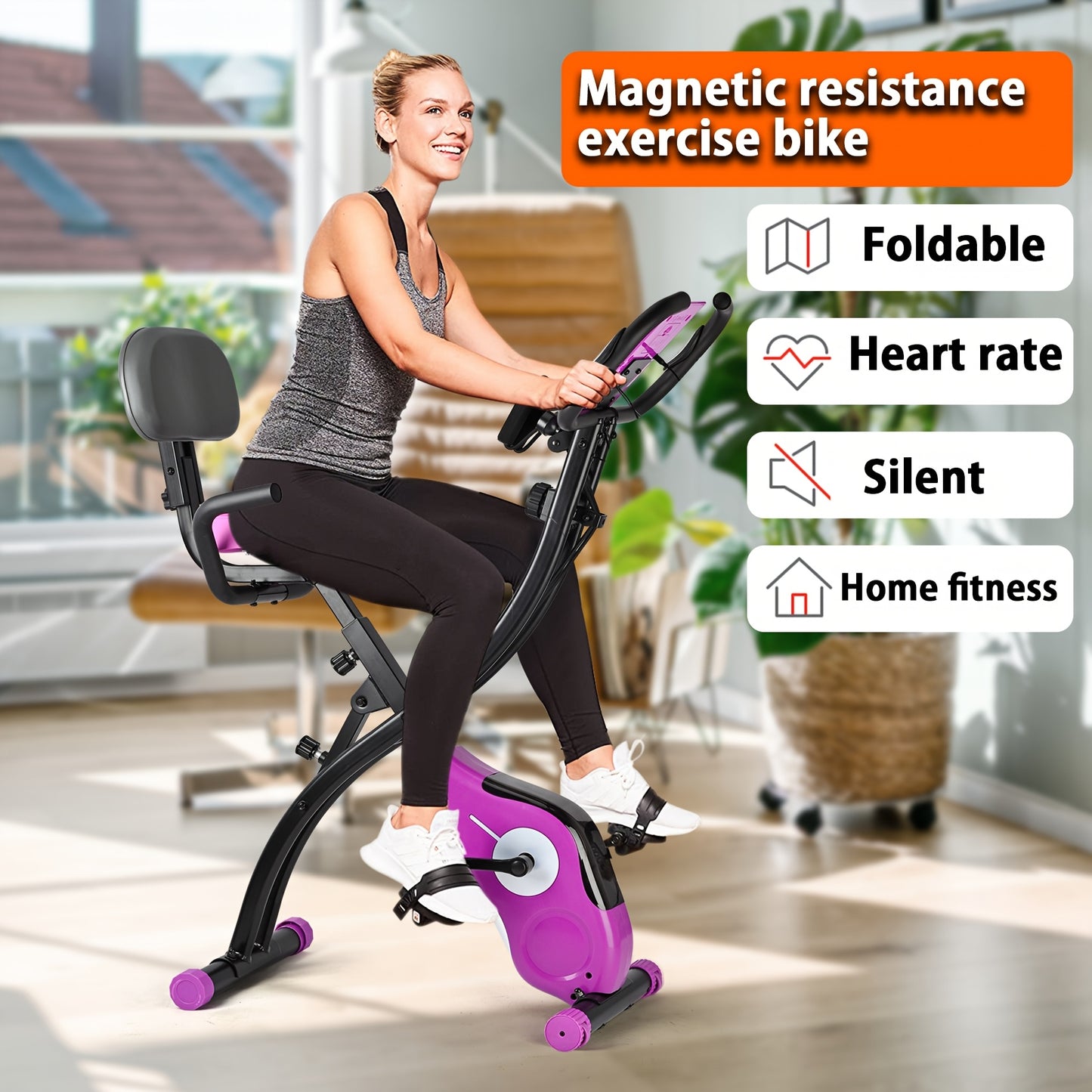 Purple Folding Exercise Bike with Adjustable Magnetic Resistance Digital Display Comfort Seat Cushion Support Back Pad Arm Resistance Bands Pulse Sensor Battery Powered Indoor Cycling Bike for Home Gym Workouts