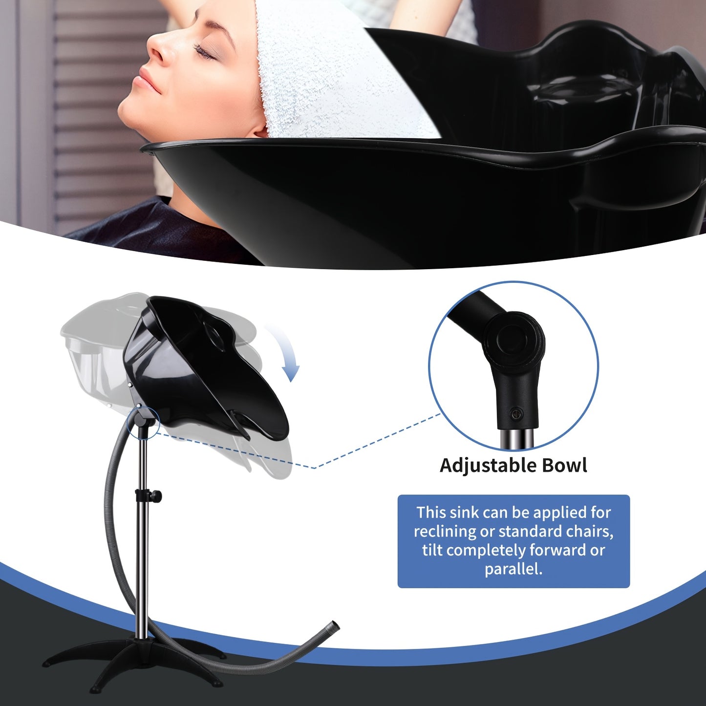 Portable Shampoo Bowl Height and Angle Adjustable Hair Washing Sink with Drain Hose