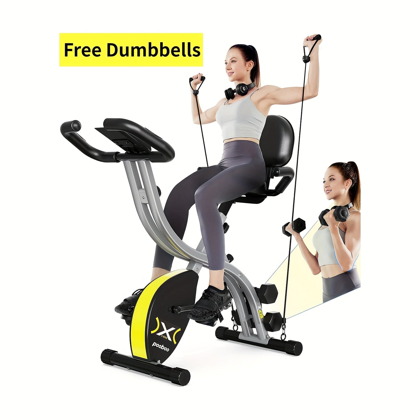 Pooboo Folding Exercise Bike Indoor Stationary Cycling Bicycle Upright Magnetic Workout Bicycle with Dumbbells and Resistance Bands Maximum Weight 300 Pounds Without Battery