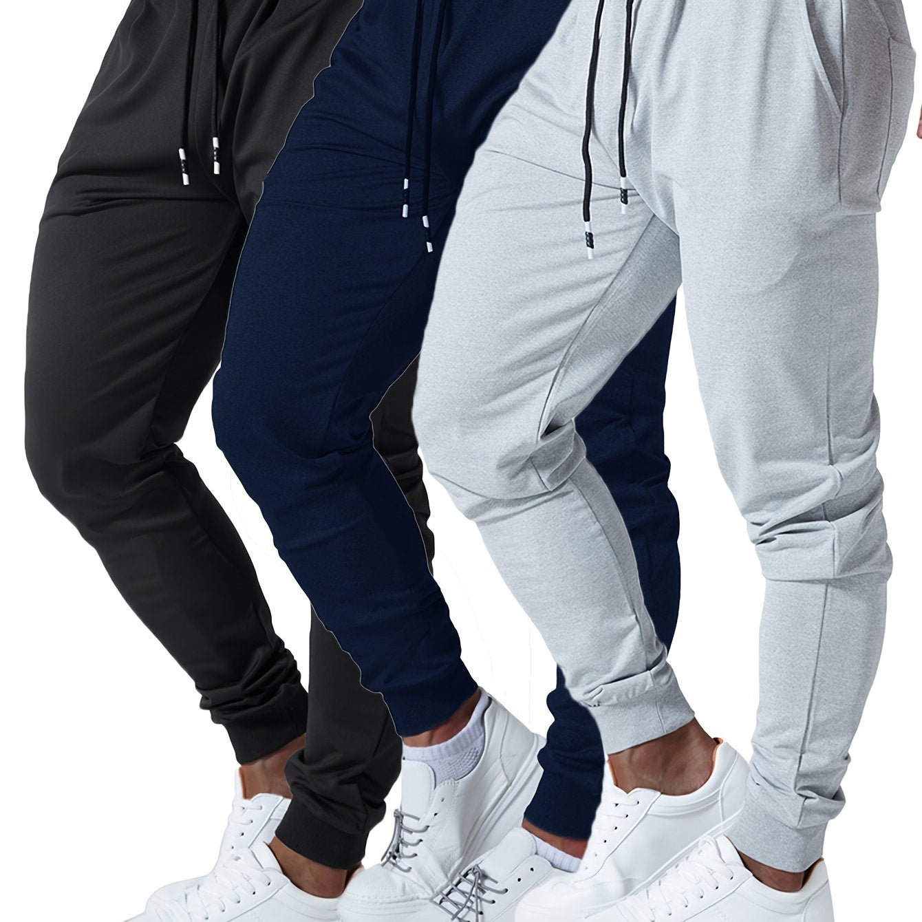 3PCS Men's Jogger Sweatpants Ultra Elastic Waist with Deep Side Pockets Cotton Blend Ideal for Gym and Running Machine Washable Black Navy Gray