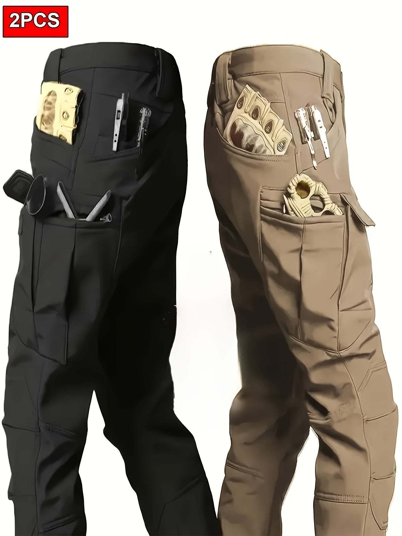 2PCS Men's High Performance Tactical Cargo Pants Sweatproof Durable Polyester Multi Pocket Design for Outdoor Hiking and Everyday Use Black and Beige