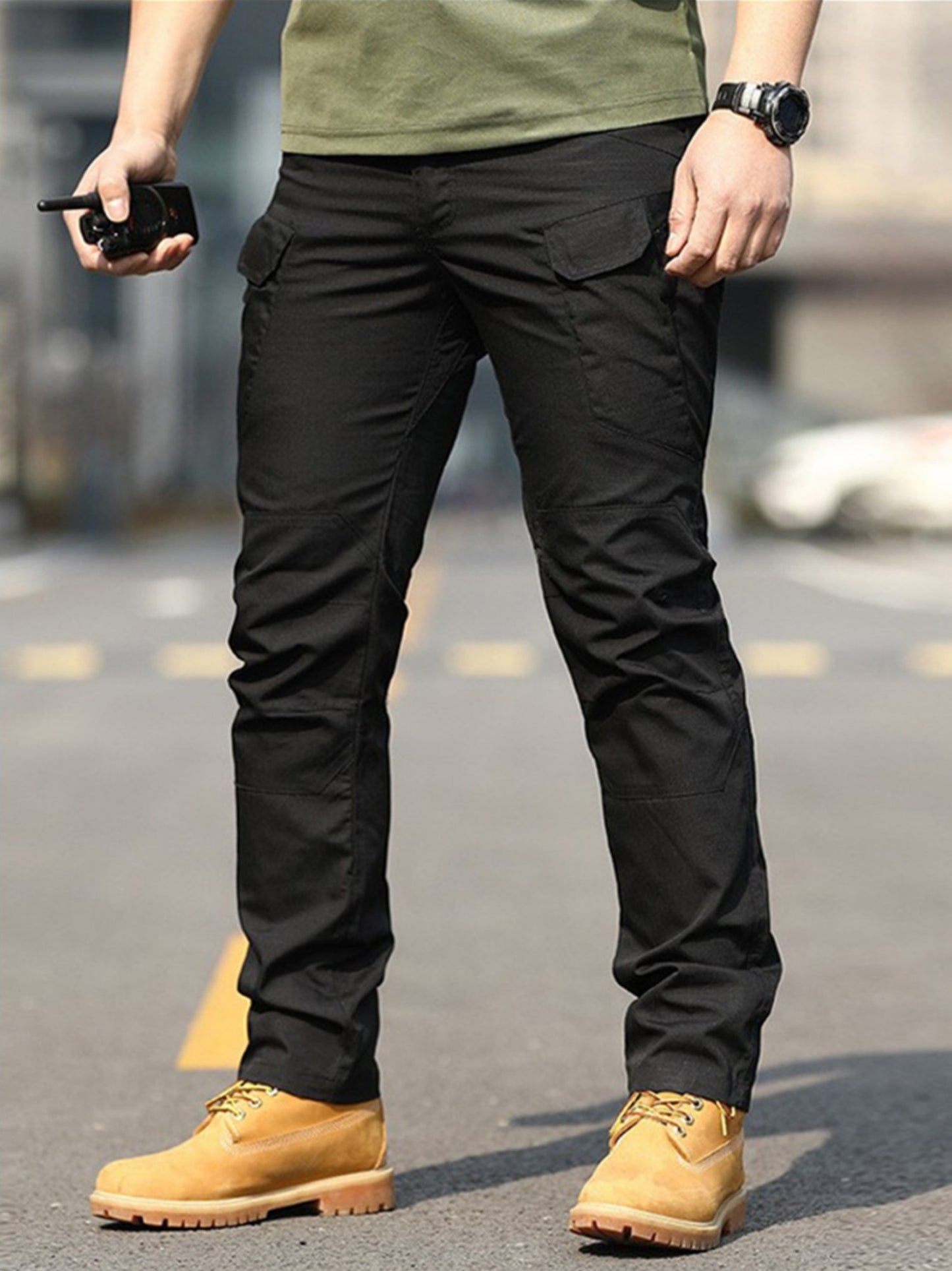 2PCS Men's High Performance Tactical Cargo Pants Sweatproof Durable Polyester Multi Pocket Design for Outdoor Hiking and Everyday Use Black and Beige