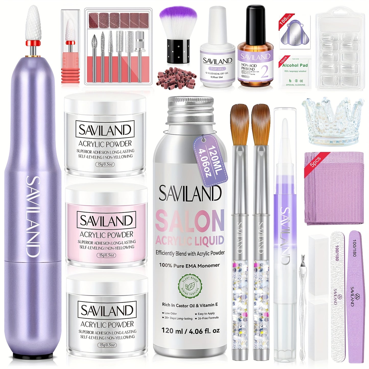 SAVILAND Advanced X Strength Acrylic Nail Kit with Nail Tips 3 Colors Acrylic Powder Liquid Set 100pcs Clear Nail Tips for Nail Extension Carving DIY Nail Art