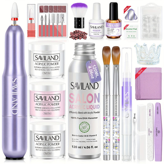 SAVILAND Advanced X Strength Acrylic Nail Kit with Nail Tips 3 Colors Acrylic Powder Liquid Set 100pcs Clear Nail Tips for Nail Extension Carving DIY Nail Art