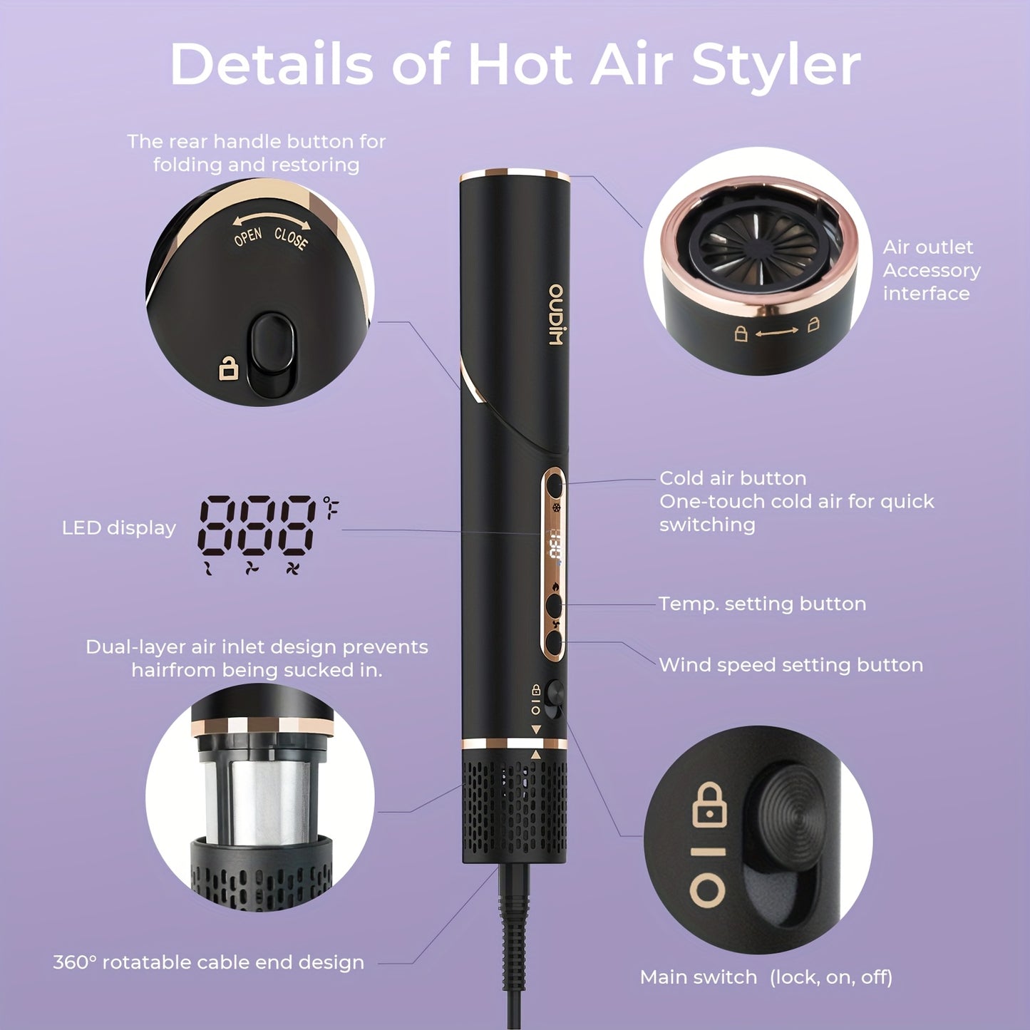 OUDIM 6 in 1 Multi Functional Hot Air Comb and Styler with Negative Ion Technology High Speed Frizz Free Hair Dryer Brush Curling Iron and Straightener with Auto Winding Rod Foldable Handle and Storage Bag