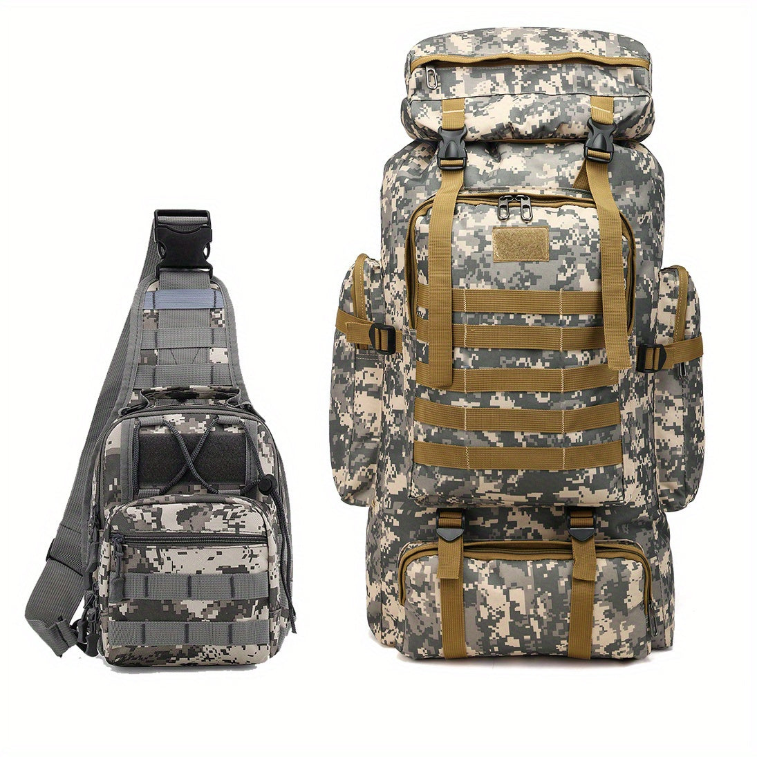 21.13 Gallon Large Capacity 2 Piece Set Unisex Tactical Camo Molle Backpack Multipurpose Hiking Climbing Rucksack for Outdoor Trekking Camping and Daily Use Durable and Waterproof Adjustable Shoulder Strap Rucksack