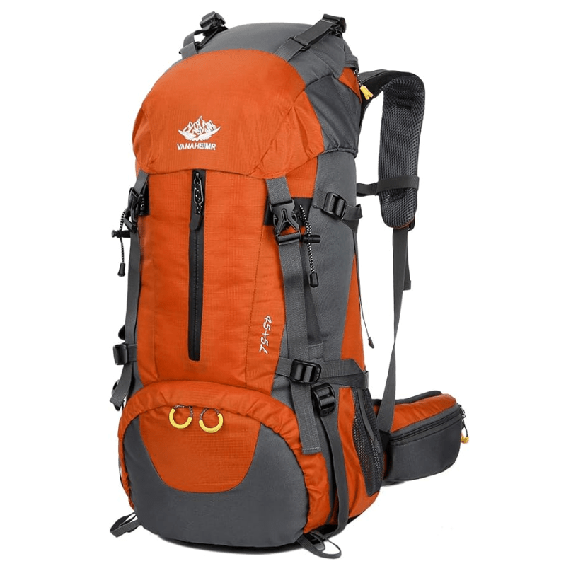 13.21 Gallon Hiking Backpack with Rain Cover 11.89 Gallon Plus 5 Liter Lightweight Camping Backpack Durable Travel Backpack for Men and Women Gym Outdoor Adventures Red and Black and Blue and Grey Adjustable Padded Straps Multiple Compartments