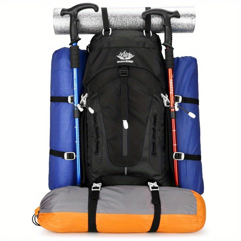 13.21 Gallon Hiking Backpack with Rain Cover 11.89 Gallon Plus 5 Liter Lightweight Camping Backpack Durable Travel Backpack for Men and Women Gym Outdoor Adventures Red and Black and Blue and Grey Adjustable Padded Straps Multiple Compartments