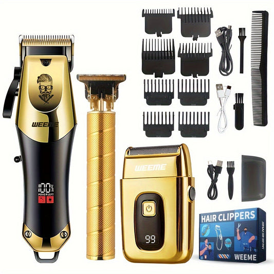 3pcs Set Professional Golden Hair Clipper and Trimmer Kit USB Rechargeable LCD Display Electric Shaver T-Blade Trimmer 8pcs Limit Combs 3pcs USB Cables 3pcs Cleaning Brushes and Comb for Men's Grooming
