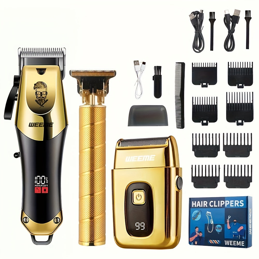 3pcs Set Professional Golden Hair Clipper and Trimmer Kit USB Rechargeable LCD Display Electric Shaver T-Blade Trimmer 8pcs Limit Combs 3pcs USB Cables 3pcs Cleaning Brushes and Comb for Men's Grooming