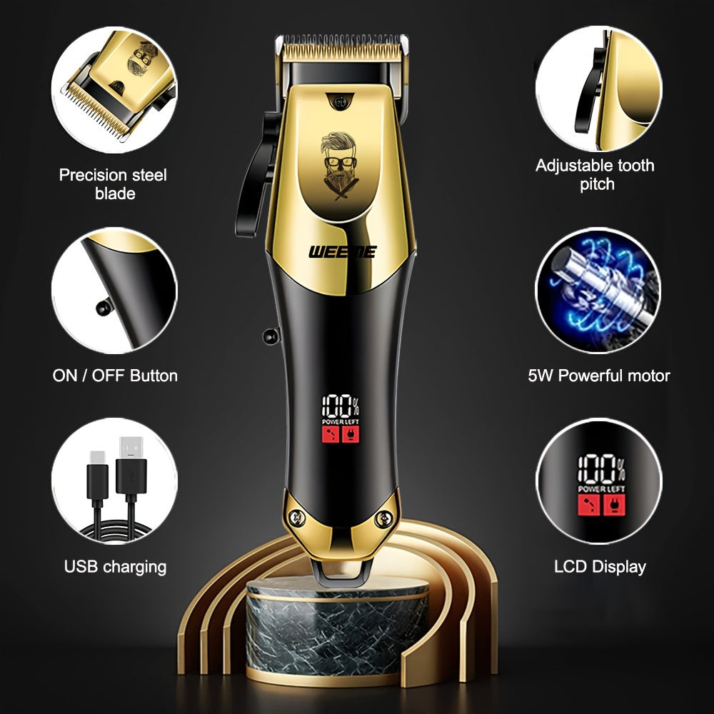 3pcs Set Professional Golden Hair Clipper and Trimmer Kit USB Rechargeable LCD Display Electric Shaver T-Blade Trimmer 8pcs Limit Combs 3pcs USB Cables 3pcs Cleaning Brushes and Comb for Men's Grooming