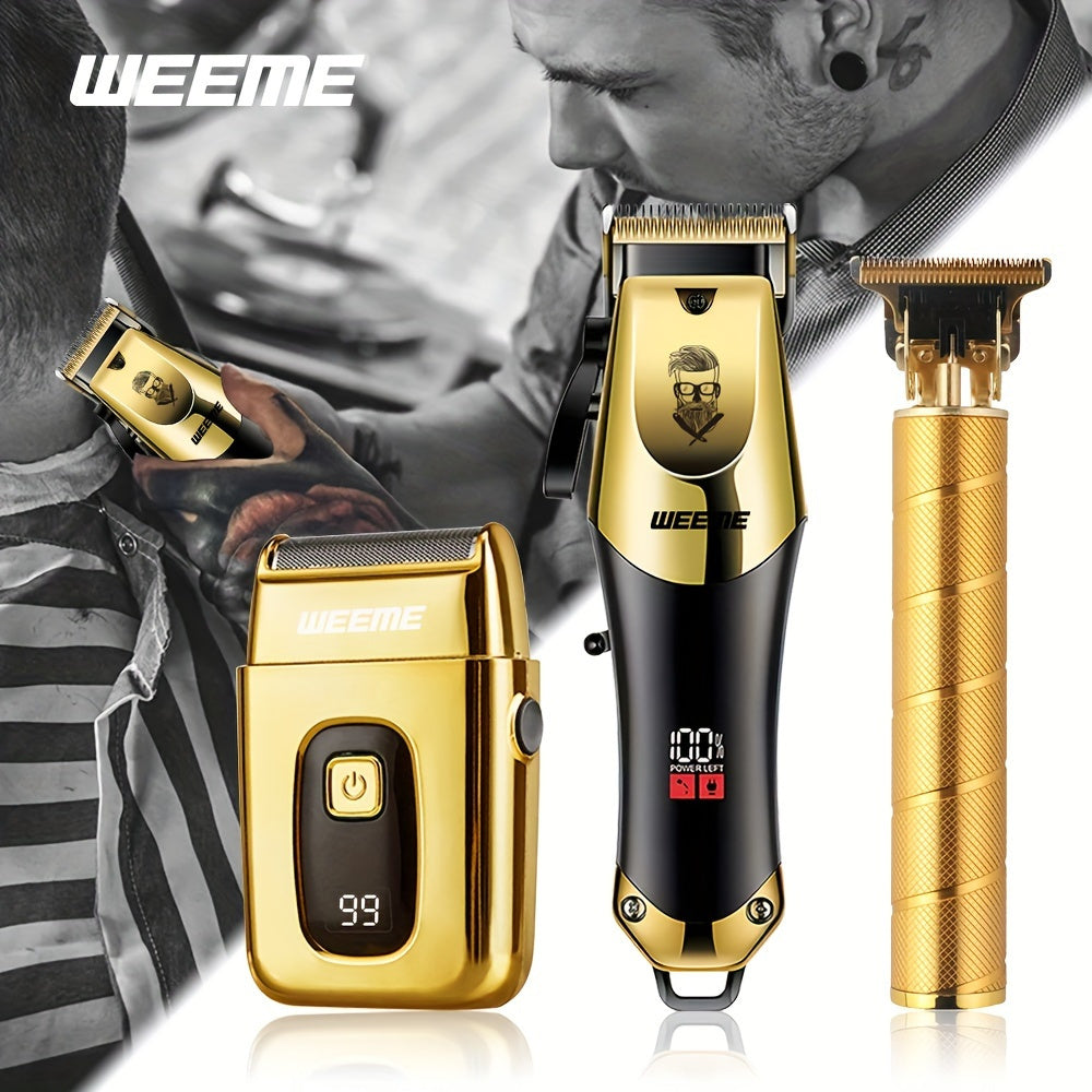 3pcs Set Professional Golden Hair Clipper and Trimmer Kit USB Rechargeable LCD Display Electric Shaver T-Blade Trimmer 8pcs Limit Combs 3pcs USB Cables 3pcs Cleaning Brushes and Comb for Men's Grooming