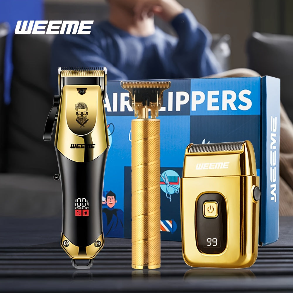 3pcs Set Professional Golden Hair Clipper and Trimmer Kit USB Rechargeable LCD Display Electric Shaver T-Blade Trimmer 8pcs Limit Combs 3pcs USB Cables 3pcs Cleaning Brushes and Comb for Men's Grooming