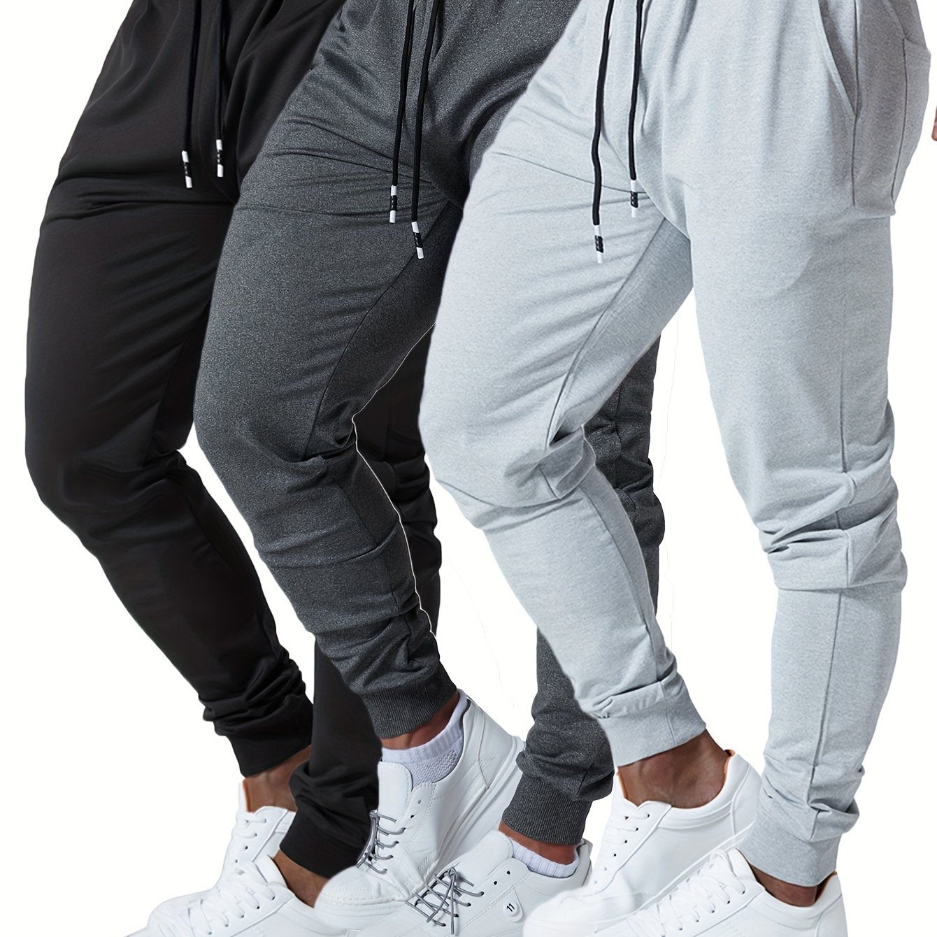 3PCS Men's Jogger Sweatpants Ultra Elastic Waist with Deep Side Pockets Cotton Blend Ideal for Gym and Running Machine Washable Black Navy Gray