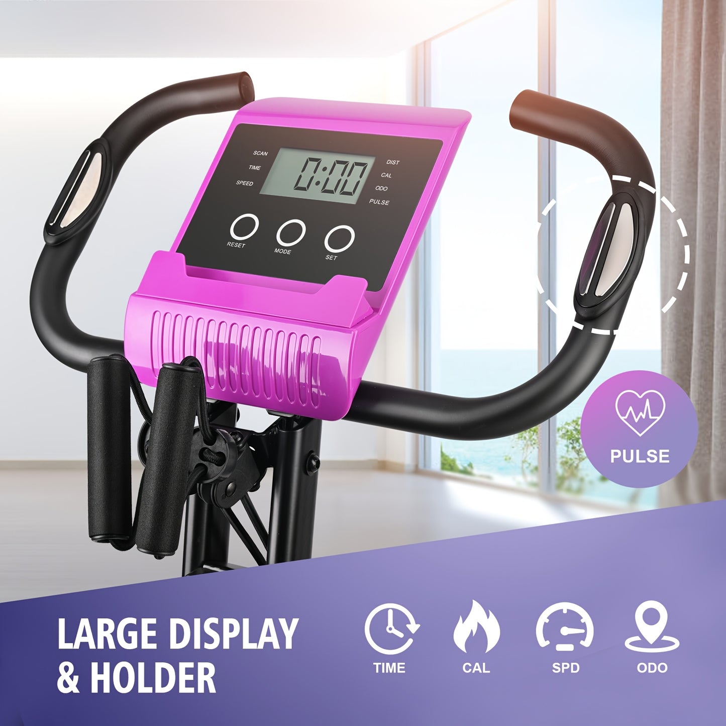 Purple Folding Exercise Bike with Adjustable Magnetic Resistance Digital Display Comfort Seat Cushion Support Back Pad Arm Resistance Bands Pulse Sensor Battery Powered Indoor Cycling Bike for Home Gym Workouts