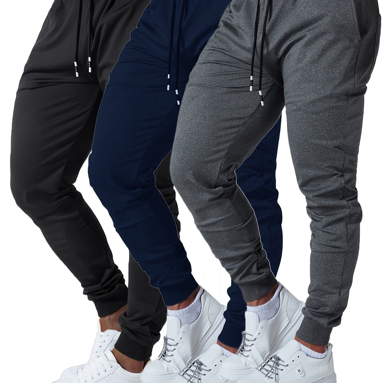 3PCS Men's Jogger Sweatpants Ultra Elastic Waist with Deep Side Pockets Cotton Blend Ideal for Gym and Running Machine Washable Black Navy Gray