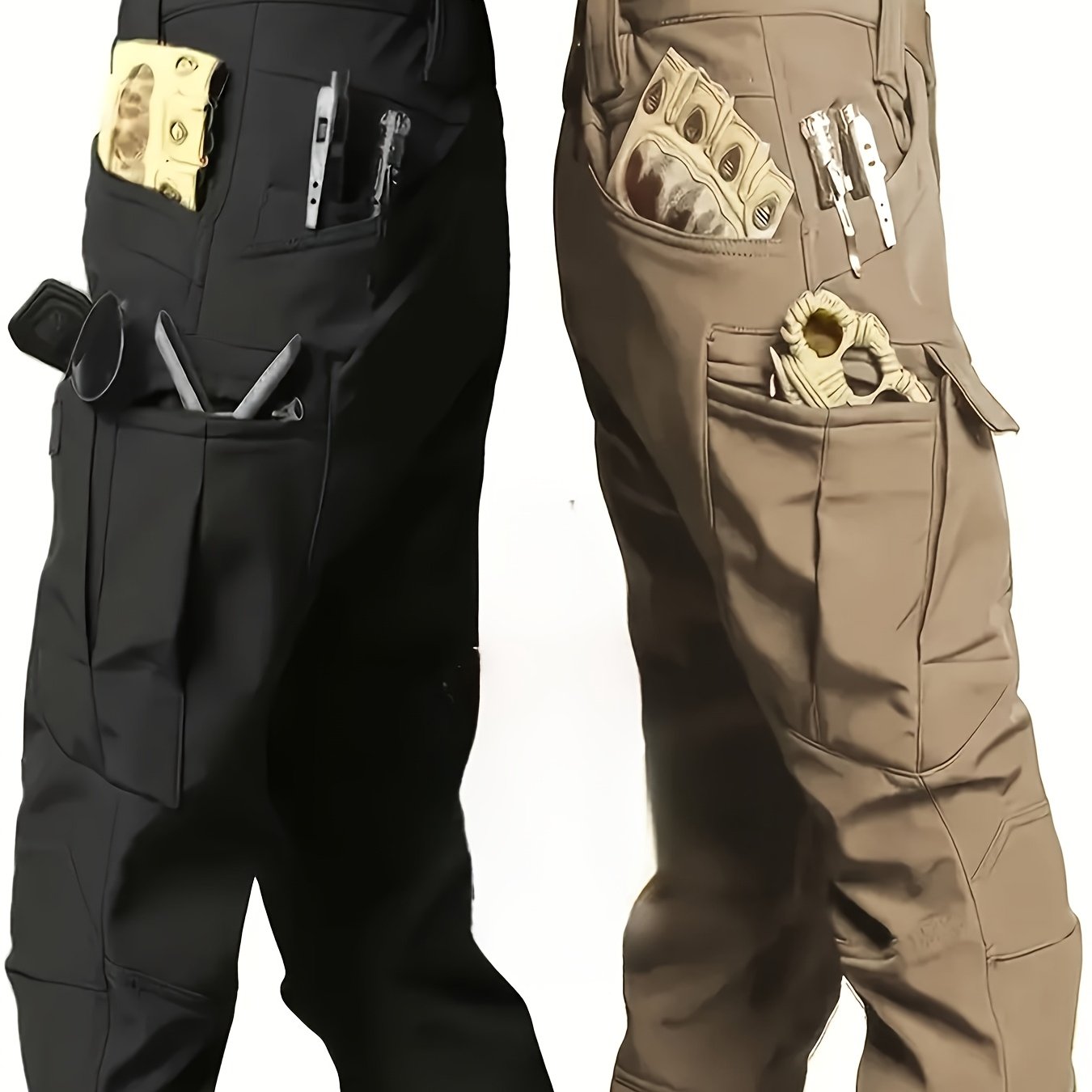 2PCS Men's High Performance Tactical Cargo Pants Sweatproof Durable Polyester Multi Pocket Design for Outdoor Hiking and Everyday Use Black and Beige