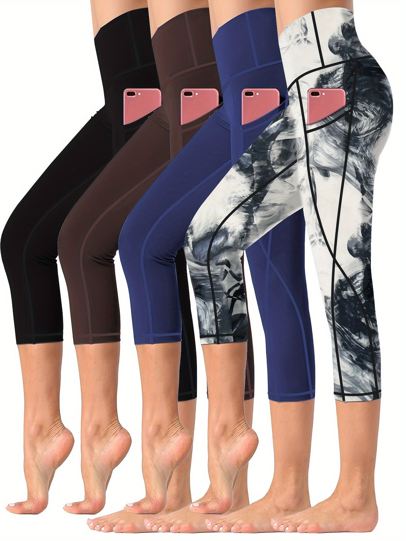 4 Pieces High Waisted Yoga Capris Leggings with Pockets Stretchy Printed Fitness and Running Tights Assorted Colors for Women
