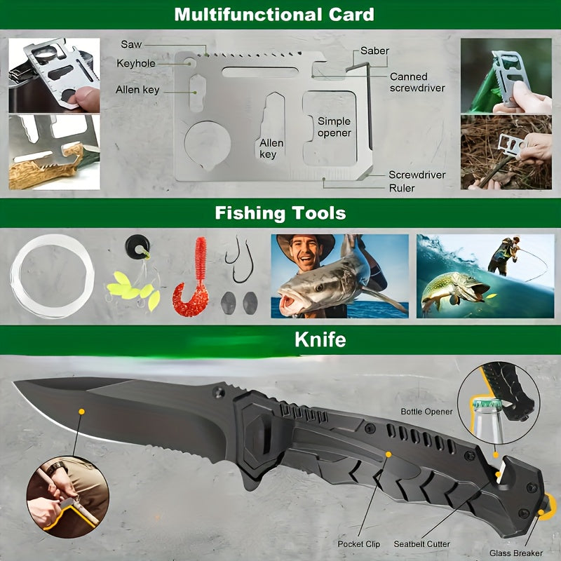 Survival Kit with 170 in 1 Gear and Molle Bag Including Emergency Tent Ideal for Earthquake Preparedness Outdoor Adventures Camping Essential for Cars and Boats Perfect Gift for Men and Women Green Camouflage