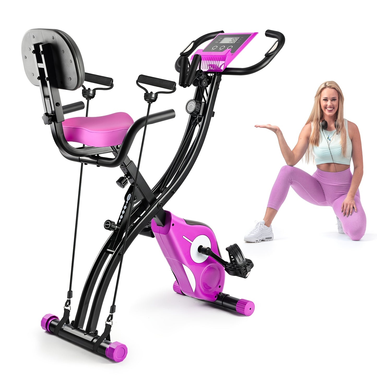 Purple Folding Exercise Bike with Adjustable Magnetic Resistance Digital Display Comfort Seat Cushion Support Back Pad Arm Resistance Bands Pulse Sensor Battery Powered Indoor Cycling Bike for Home Gym Workouts
