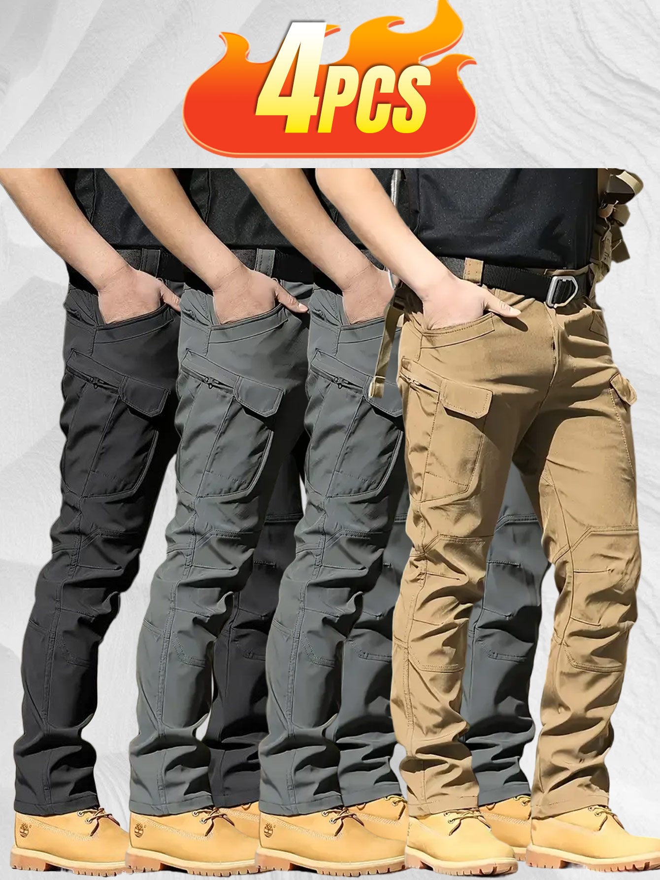 4PCS Comfy Outdoor Mountaineering Cargo Pants for Men Solid Color Drawstring Waist Casual Style Breathable Fabric