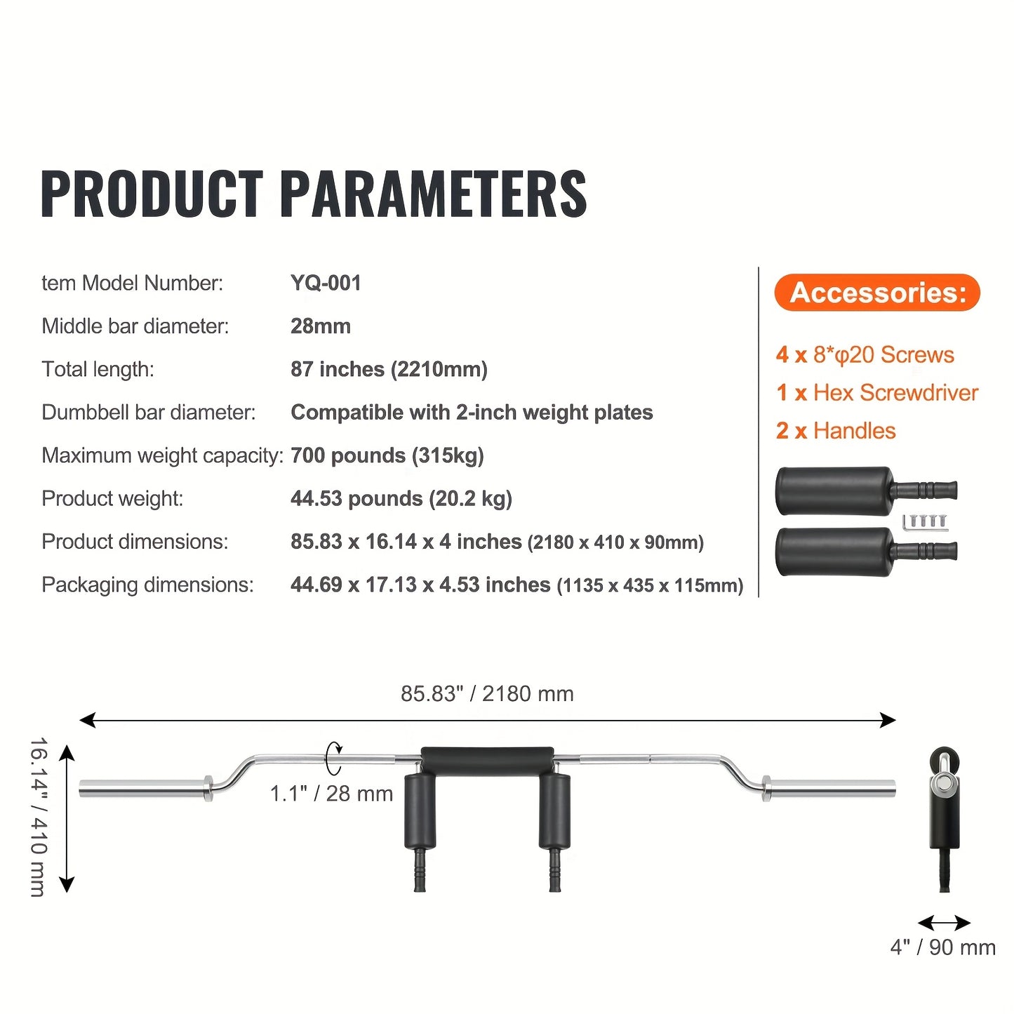 Happybuy 700 Pounds Capacity Safety Squat Bar with Comfort Pads 2 Inch Diameter Metal Ideal for Front Squats Lunges Rehab and Physical Relax
