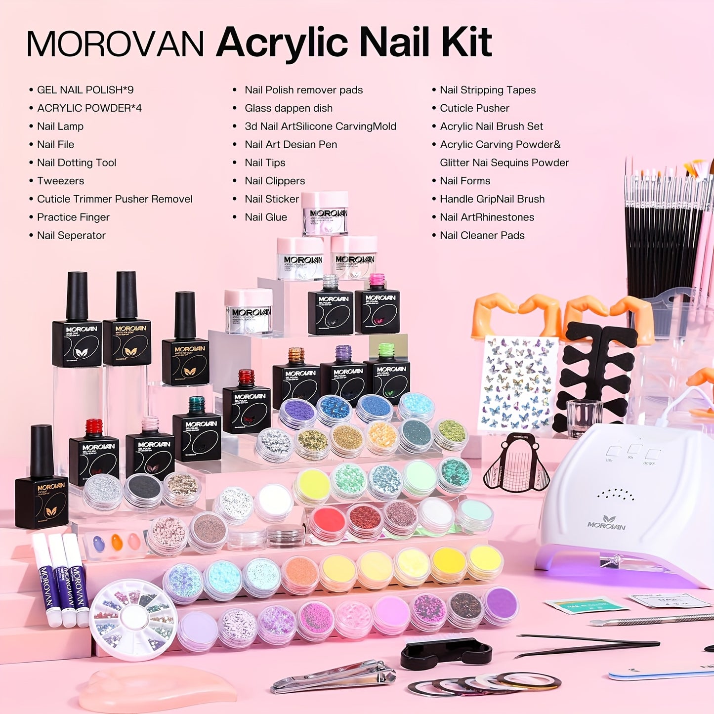 Morovan Beginner Professional Acrylic Nail Kit with Mouse Light Base and Top Coat Clear and Pink Acrylic Powder False Nail Tips Polishing Tools Glitter and More DIY All in One Professional Manicure Starter Kit