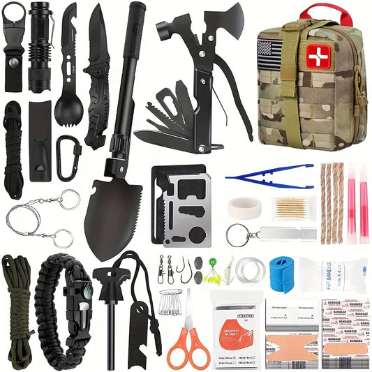 Survival Kit with 170 in 1 Gear and Molle Bag Including Emergency Tent Ideal for Earthquake Preparedness Outdoor Adventures Camping Essential for Cars and Boats Perfect Gift for Men and Women Green Camouflage