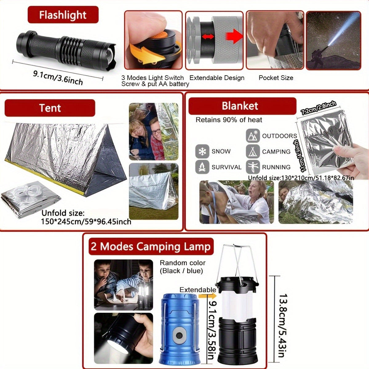 Survival Kit Bag with Folding Shovel and Multi Function Axe Emergency Lighting Set Emergency Blanket for Outdoor Adventure Hiking Hunting Lightweight Camping Essentials