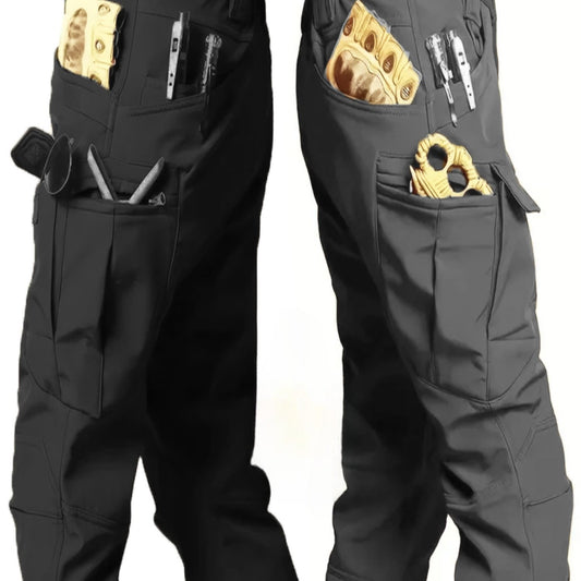 2 Pieces Men's High Performance Tactical Cargo Pants Sweatproof Durable Polyester Multi Pocket Design for Outdoor Hiking and Everyday Use Black and Beige